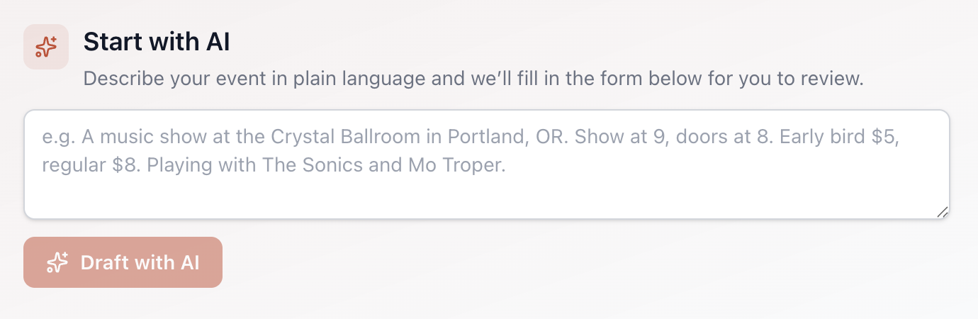 The Start with AI helper: describe your event in plain language and DoorSplit drafts the form for you