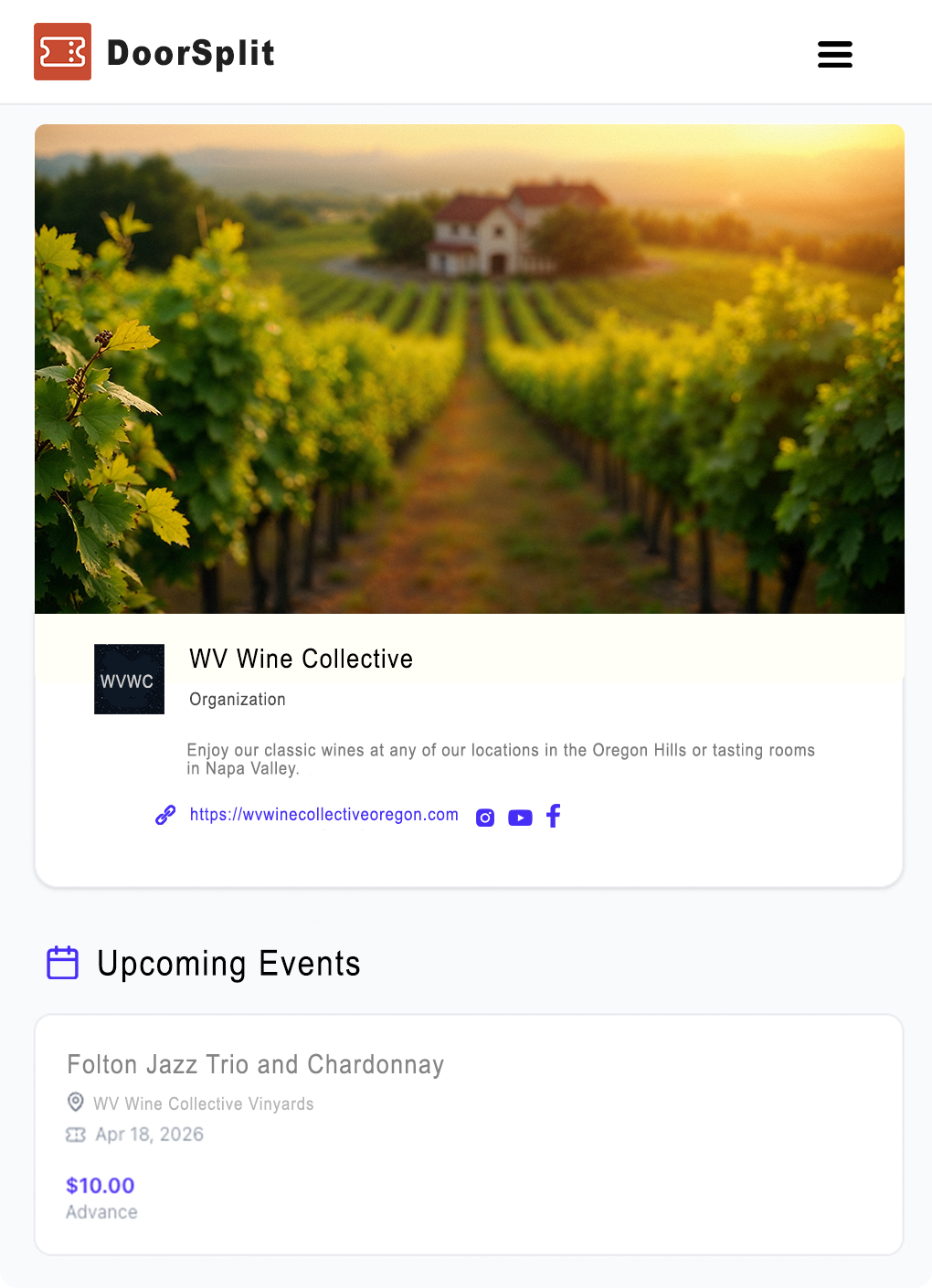 Public profile page showing photo, details, and upcoming events